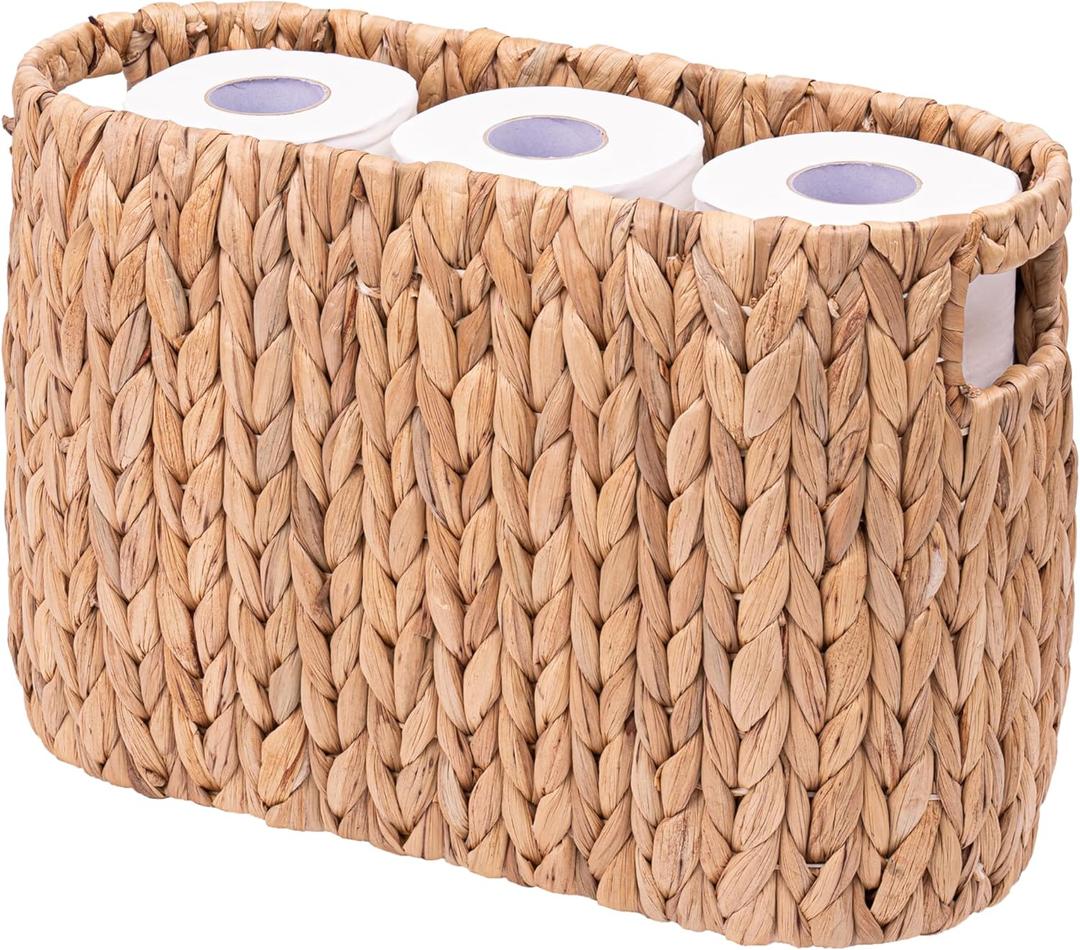 Wicker Toilet Paper Storage Holder with Built-in Handles, Toilet Paper Holder for up to 6 Mega Rolls, Water Hyacinth Toilet Paper Baskets Bathroom Accessories Organizer