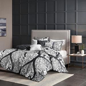 Madison Park Vienna Cotton Poly Blend Duvet Set Modern Design, Printed Damask Design, All Season Cover for Comforter Bedding, Matching Shams, Decorative Pillows King/Cal King Black 6 Piece (King/California King (104 in x 92 in))