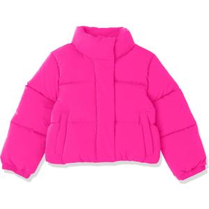 Amazon Essentials Girls and Toddlers' Cropped Full-Zip Puffer Jacket (Quilted Matte or Sherpa Fleece) (X-Large, Neon Pink)