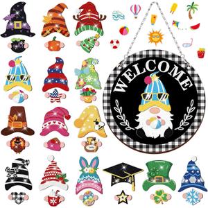 Qunclay 31 Pcs Diamond Painting Magnetic Interchangeable Gnome Sign DIY Holiday Seasonal Gnome Wooden Welcome Hanging Front Door Home Party Wreath Decoration with Magnet Detachable Hat and Hand