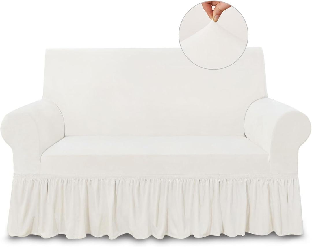 NICEEC Loveseat Cover Super Soft 1-Piece White Slipcover for Loveseats Stretch Universal Spandex Couch Covers for Living Room Easy Fit Washable Furniture Sofa Protector with Skirt