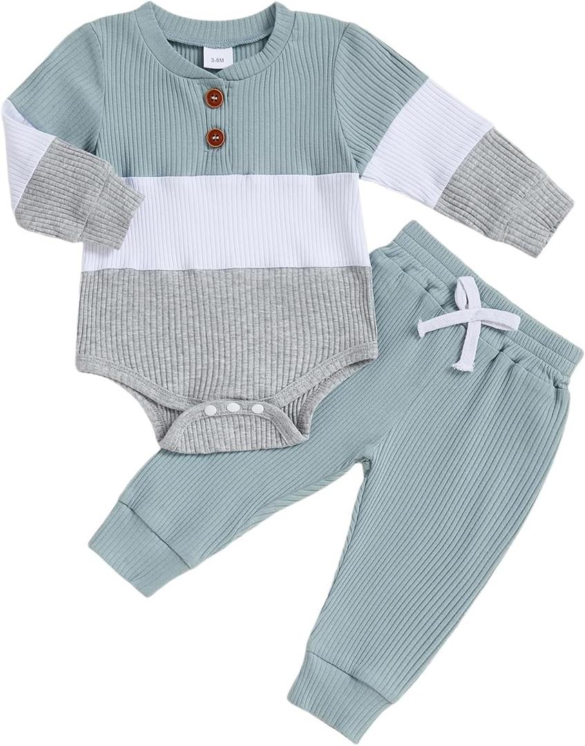 Newborn Baby Boy Clothes Long Sleeve Little Bro Romper Bodysuit Pants Set Fall Winter Outfits 0 3 6 9 12 Months (Blue)