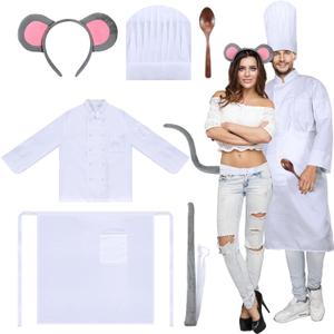 6 Pcs Halloween Mouse Costume Accessory Ear Headband Tail and Chef Costume Set Hat Apron for Men Women Adult (Medium)