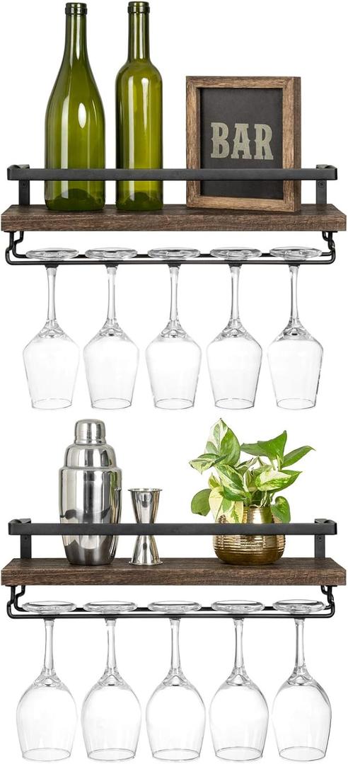 Mkono Wall Mounted Wine Rack Set of 2 Wood Rustic Wine Bottle Glass Floating Shelves with Stemware Hanger Modern Plants Photos Wine Display Storage Holder for Kitchen Dining Room Bar, 17 Inch (Brown)
