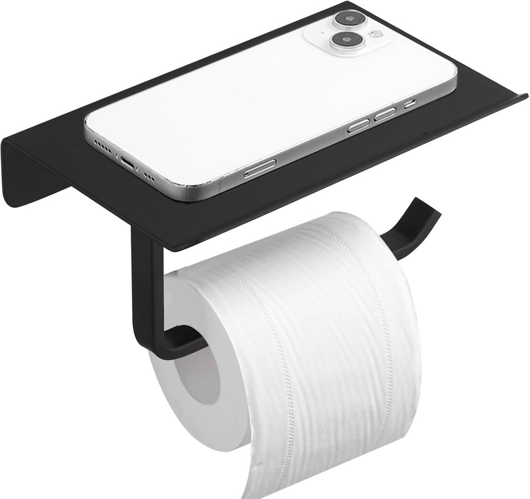 BWE Toilet Paper Holder with Shelf,Bathroom Tissue Roll Holder Screw Wall Mount,SUS 304 Stainless Steel Paper Towel Holder Rustproof,Black Toilet Paper Holder with Phone Shelf