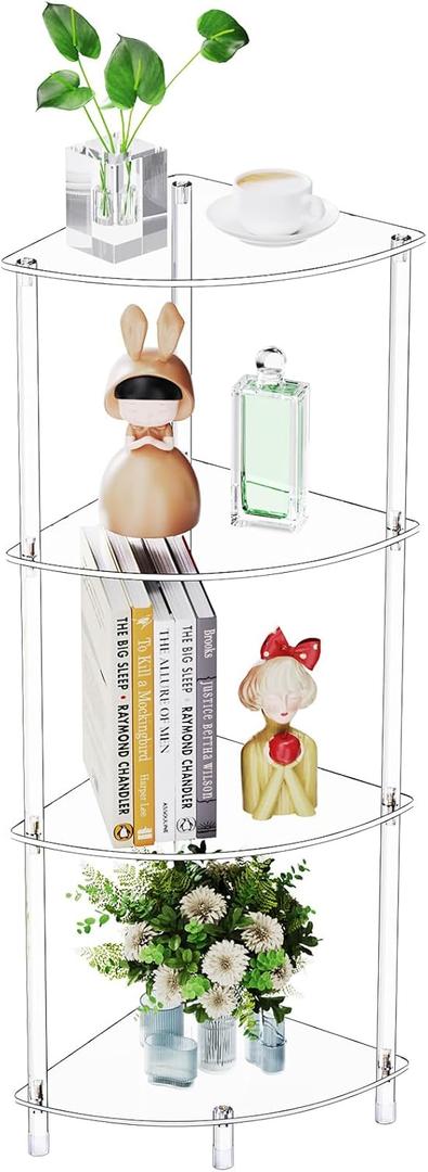 Clear Triangle Acrylic Side Table for Small Space, 11.81" L x 11.81" W x 38.7" H, 4-Tier Corner Shelf Stand End Table for Living Room Bedroom, Corner Display Rack Storage Shelf for Bathroom