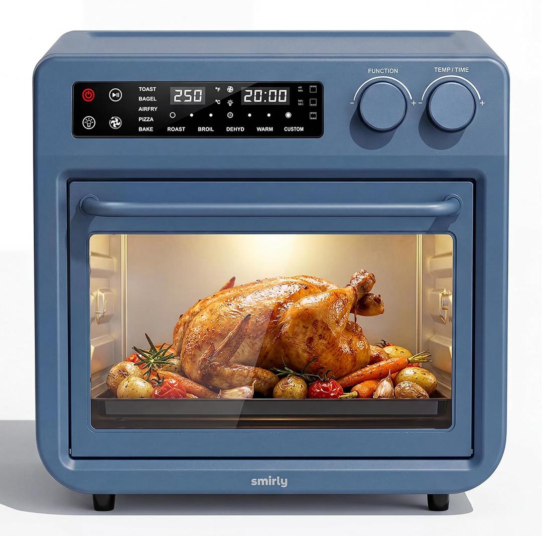 SMIRLY Digital Air Fryer Toaster Oven Combo, 25L Convection Countertop Oven, 10-in-1 Multi-Function Fits 12" Pizza & 6 Slices of Toast, Stainless Steel, Blue