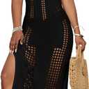 Bsubseach Crochet Beach Cover Ups for Women Sleeveles Swimsuit Coverups Hollow Out Summer Knit Bikini Beachwear (Black, S)