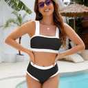 Women High Waisted Bikini Set- Color Block Two Piece Swimsuit Tummy Cotrol Bathing Suit Bandeau Top Coverage Bottom (Black, L)