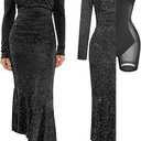 Popilush Shapewear Maxi Dress Women's Sparkly Off Shoulder Long Sleeve Formal Cocktail Dresses Bodycon Mermaid Dress, Black, Large