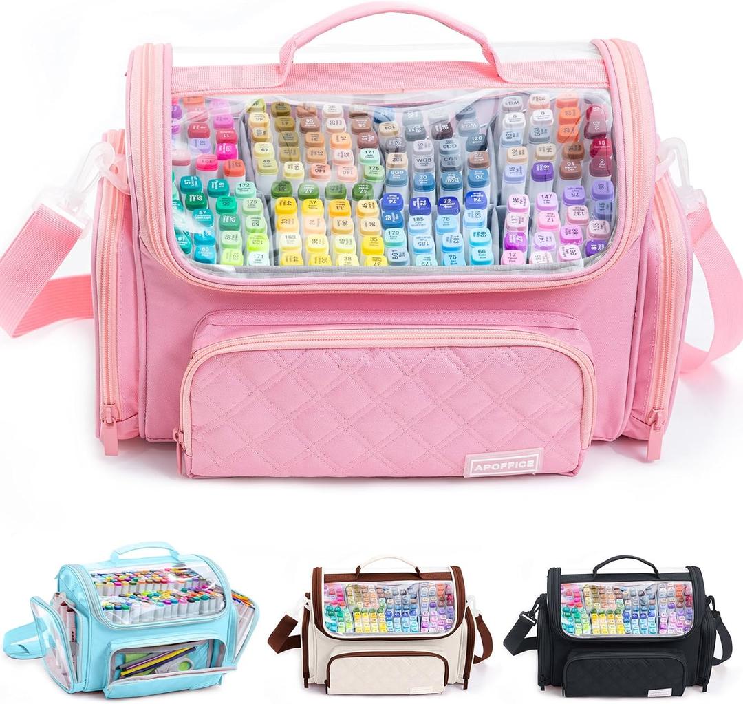 Large Marker Organizer Case Holds 200-300 Markers | Art Marker Storage Bag with Removable Dividers & Clear Top for Artists, Crafters & Travel - Pen, Pencil Alcohol Marker Holder - Art Supply (Pink)