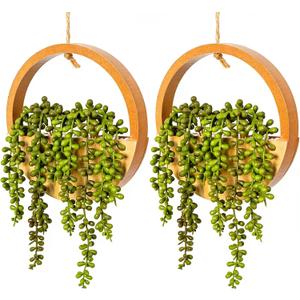 Artificial Hanging Plants Hanging Planter Fake Succulents Artificial String of Pearls with Pot and Lanyard for Home Office Wall Decoration (2 Pcs, Wood Color)