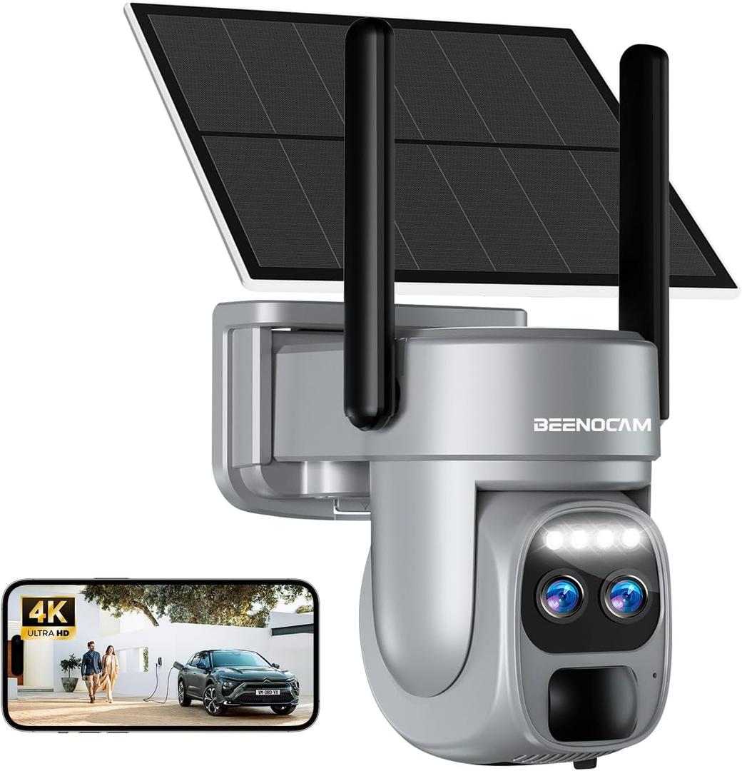 BEENOCAM 4K/8MP Solar Security Cameras Wireless Outdoor, Dual Lens 360PTZ Solar Camera Outdoor Wireless Cameras for Home Security with 2.4/5GHz, PIR Human Detection, Color Night Vision, 2-Way Audio (1 Pack, Grey)
