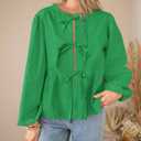 PRETTYGARDEN Women's Spring Fall Babydoll Peplum Blouse Shirt Puff Long Sleeve Bow Tie Front Trendy Cute Y2K Going Out Tops (Green, L)