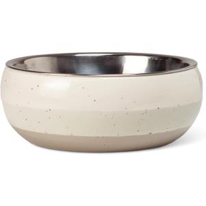 Fringe Studio Speckled Stripe Ivory Small Ceramic Pet Bowl W/Stainless Steel Bowl Insert (5" Diameter x 1.75" H, 13 fl.oz.), PetShop Collection (793SM001)