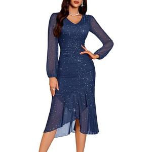 DRESSTELLS Sequin Wedding Guest Dresses for Women, Formal Cocktail Evening Party Bodycon Mesh Ruched Long Dress L