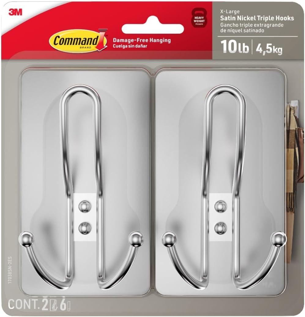 Command X-Large Satin Nickel Triple Hook, 2 Hooks, 6 Strips, Damage-Free Hanging with Adhesive Strips, No Tools Wall Hook for Hanging Decorations in Living Spaces