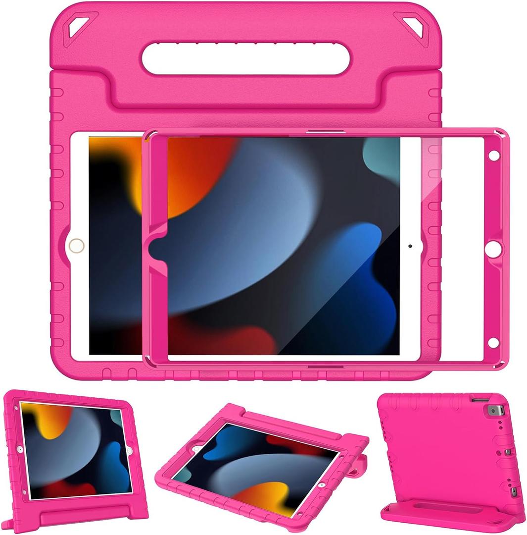 LTROP Kids Case for iPad 9th/ 8th/ 7th Generation (2021/2020/ 2019), iPad 10.2 Case with Built-in Screen Protector, Shockproof Handle Stand for iPad 9 8 7 Generation 10.2 Inch - Hot Pink