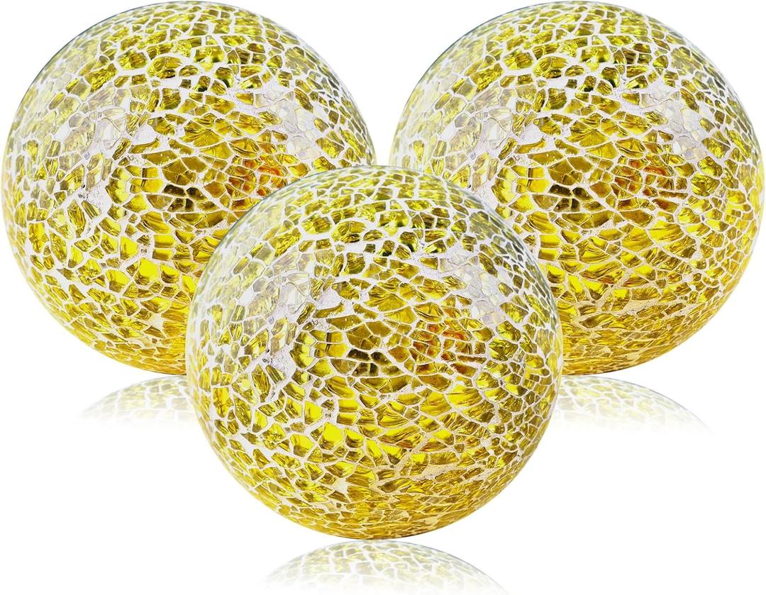Gold 3.35 Inch Glass Balls Decorative for Bowls Crack Mosaic Orbs Solid Spheres Ball Round Globe Vase Filler Coffee Table Decor Modern Wedding Party 3 Pcs