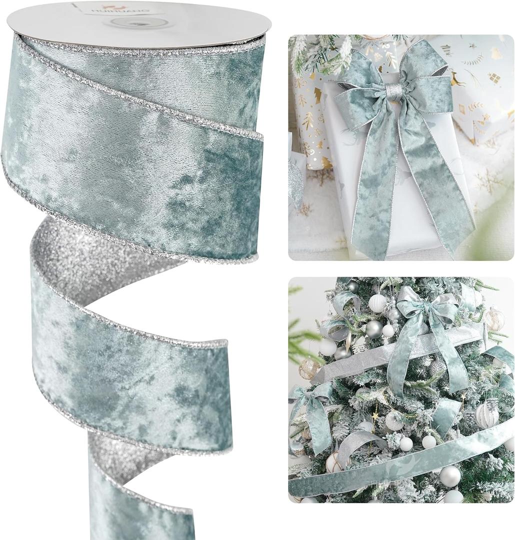 HUIHUANG Blue Velvet Wired Ribbon 2.5 inch Dusty Blue Velvet with Glitter Silver Christmas Ribbon for Tree Decorations, Bows, Wreaths, Garlands, Home Decor- Continuous 10 Yards