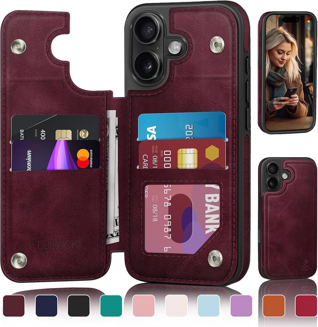 DJDUCK Designed for iPhone 16 Plus Case Wallet with Card Holder, [Magnetic Clasp Cover] [RFID Blocking Leather Protection] Shockproof Women Men Cases 6.7 Inch for Apple 16 Plus Wine Red