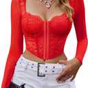 Avidlove Women Mesh Top Lace Crop Top Long Sleeve Sheer Blouse Y2K Mesh Shirts Sexy Going Out Tops Club Outfits (Medium, Red)
