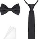 Boys Black Tie 8-10 Years Kids Black Necktie Tie Adjustable Pre-tied Zipper Tie, Bowtie and Pocket Square 3-piece For Wedding School Graduation Corbatas Para Nios