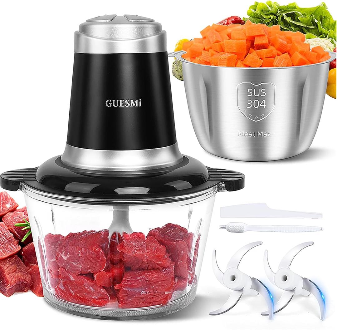 Food Processors, Powerful 500W Food Chopper Meat Grinder & Veggie Chopper with 2 Bowls(8 Cup+8 Cup) & 2 Bi-Level Blades with Electric Food Copper Motor -Vegetable, Onion, Garlic, Meat, Nuts