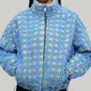 Esmeling Womens Long Sleeve Cropped Sherpa Fleece Plaid Jacket Casual Chunky Teddy Fleece Outerwear (Blue, XL)