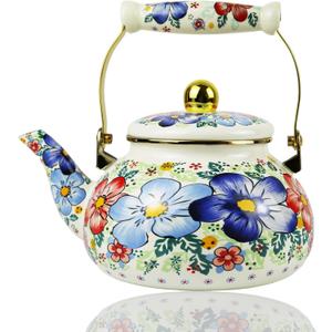 Blue Floral Enamel Tea Kettle Vintage Gold Beige Teapot Blue Floral Boho Hot Water Coffee Kettle Pot 2.5L Porcelain Tea Pot with Ceramic Handle for Stovetop Kitchen Home Decor