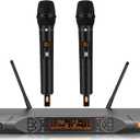 Wireless Microphone System, Metal Dual UHF Cordless Handheld Dynamic Karaoke Mic Set, Auto Scan, Long Range 200ft for Home Karaoke Singing, DJ Party, Church, Wedding, Speech (UM203)