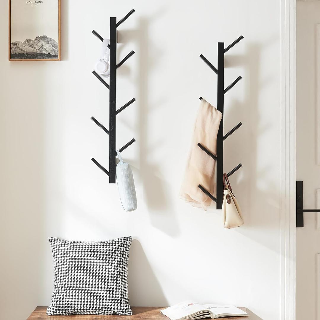 2 Pack Vertical Wall Coat Rack, Bamboo Hanging Hat Hooks Wall Mounted Wooden Hanger Racks Wall Mount Tree for Coats Hats Hacket Clothes Bags Entryway Bedroom(Black)