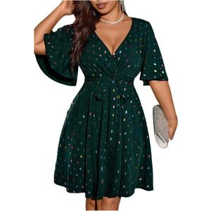 Women's Plus Size Sparkly Cocktail Party Dress Wrap V Neck | Glitter, Sequin, Short Dress, Short Sleeve, Belted, Sparkle Dress for Women Plus Size,Knee High, Dark Green, 4X-Large Plus