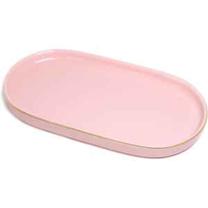 Ceramic Jewelry Dish, Perfume Vanity Tray, 7x4 Decorative Catch All Bowl for Trinket Key Ring, Small Bathroom Counter Tray, Soap Tray for Kitchen Sink (Pink)