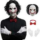 Oumbivil Saw Billy Costume Mask Adult Horror Movie Full Head Latex Mask with Hair Scary Halloween Costumes Clown Puppet Cosplay with Red Bow Tie and Gloves Party Masquerade Props OU084