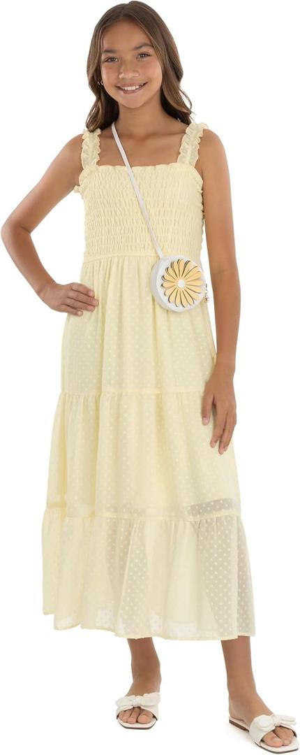 Speechless Girls' Sleeveless Smocked Maxi Sundress (12, Light Yellow/Dot)