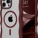 ZTOFERA for iPhone 16 Pro Max Phone Case Compatible with MagSafe, Curly Wave Frame & Clear Hard Back, Soft Silicone Bumper Shockproof Protective Magnetic Phone Cover-Clear Back & Wine Red