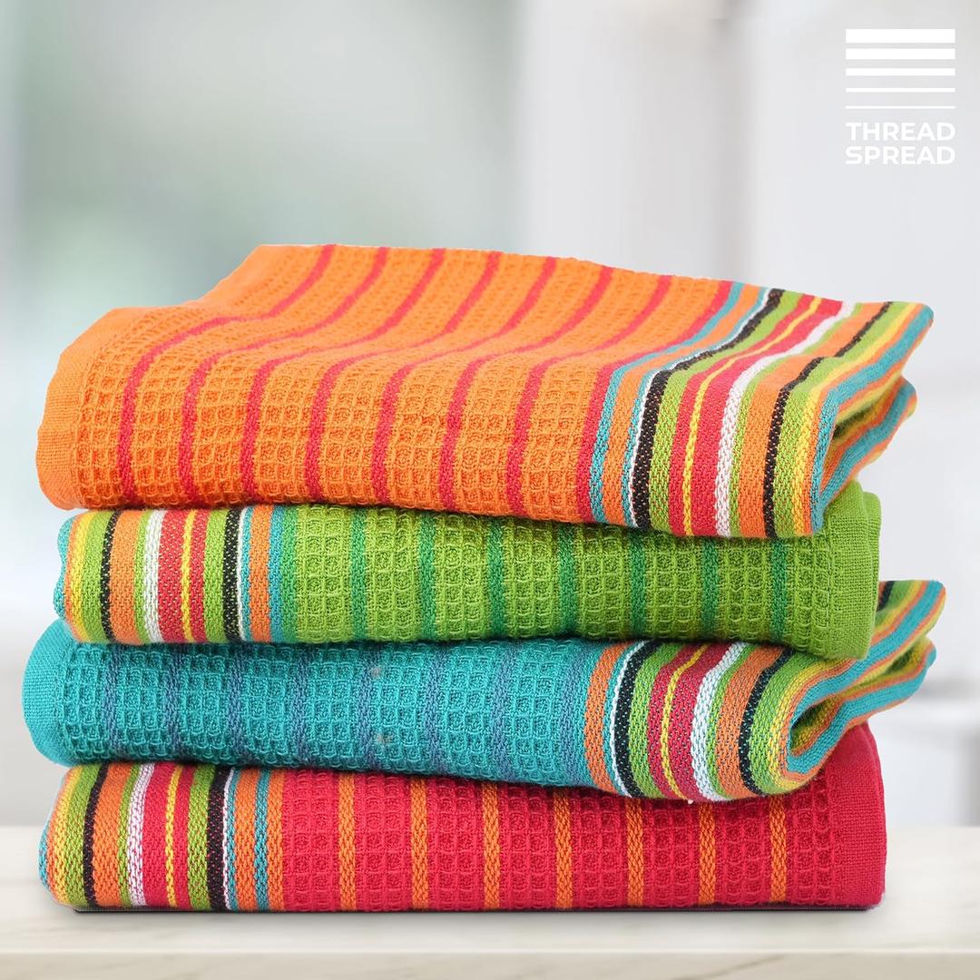 THREAD SPREAD Kitchen Dish Towels, 100% Cotton Salsa Towels, Set of 4 (16x28 Inches), Multi Purpose Cooking Drying Restaurant Bar Cleaning Cloth Napkin, Highly Absorbent, Lint Free (Red & Orange)