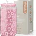 Leopard Glass Bottle, Pink Leopard Print Glass Cup with Lid & Straw, Iced Coffee Aesthetic Glass Can, Gifts for Women, Christmas Birthday Mother's Day