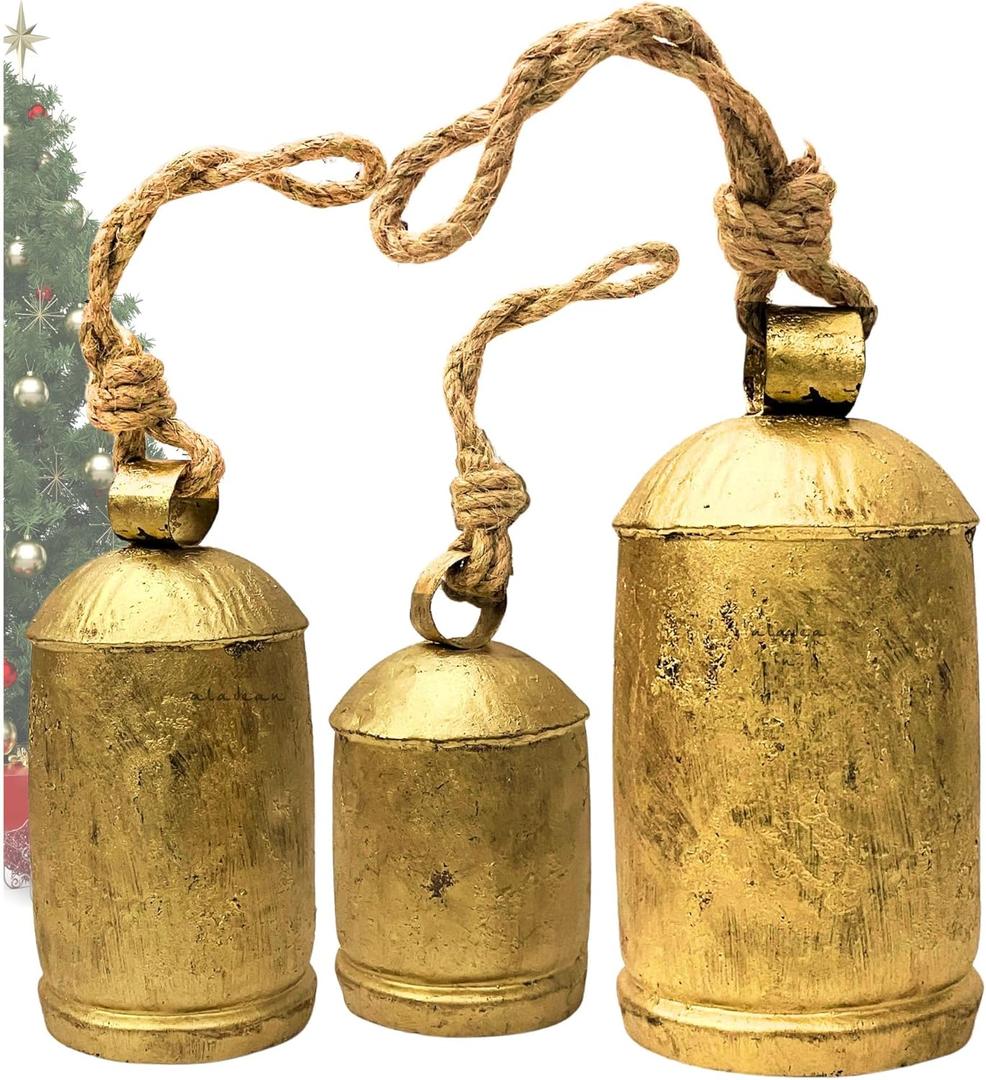 Decorative Cow Bells Set of 3 Large Harmony Bells - Vintage Giant Christmas Bells, Country Rustic Cowbell on Jute Rope XL Hanging Lucky Golden Bells (4"-6"-8")