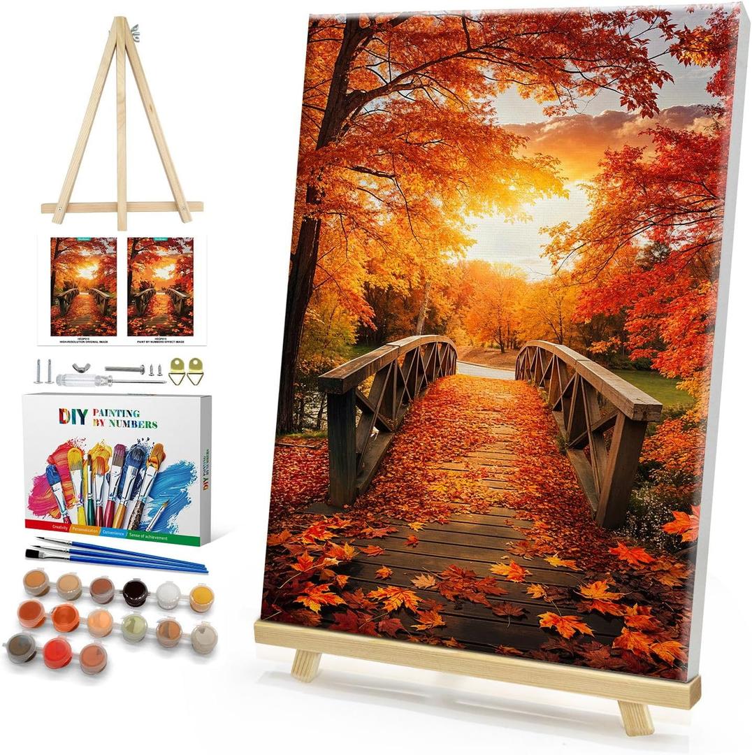 HeeBenor Framed Paint by Numbers Kit for Adults, Autumn Leaves Paint by Numbers Kit for Adults with Easel, DIY Landscape Paint by Number with Frame, Adult Paint by Number Kits Framed Canvas 8x12 Inch