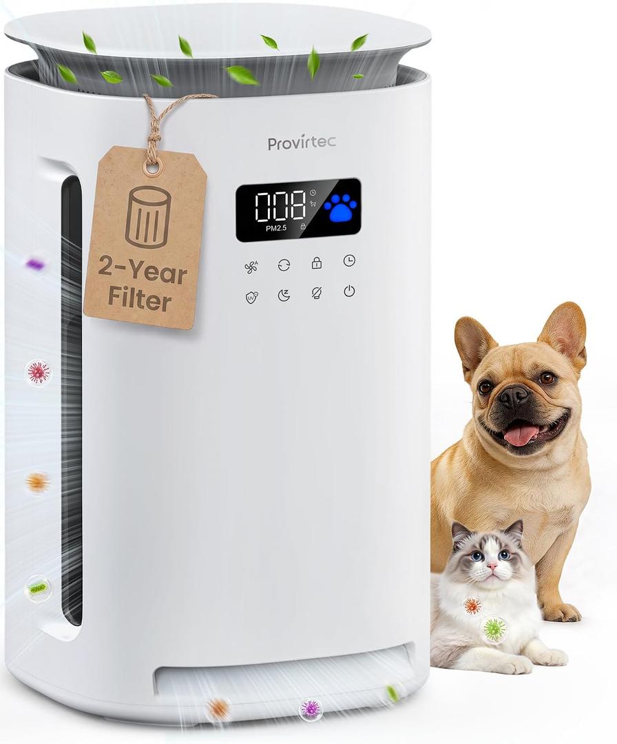 Provirtec Pet Air Purifier for Home with 4 Washable Pre-Filters, H13 HEPA