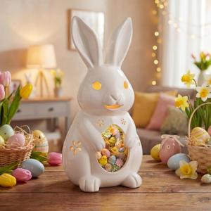 Easter Bunny Figurines 11 Inch Light up Easter Bunny Decorations White Resin Rabbit Figurines for Spring Indoor Rustic Decor Home Table Room Kitchen(Flower Style)