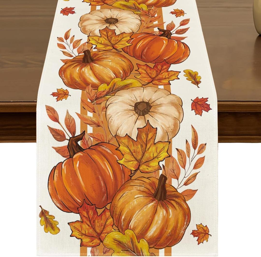 Fall Orange Pumpkin Table Runner 13x72 Inch Seasonal Autumn Thanksgiving Maple Leaf Stripes Kitchen Dining Table Decor for Indoor Outdoor Farmhouse Home Party Decoration ZQ127