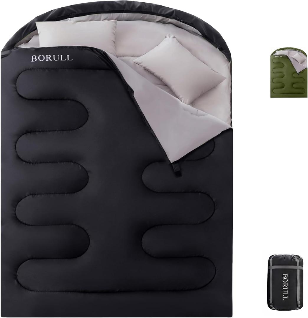BORULL Double Sleeping Bags Queen Size for Adults Camping with 2 Pillows | Converts double to 2 singles,92"x63",hooded,For couples&family of 3,Packs 22”x14”,3-4 season car,family&backyard camping use