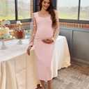 Floral Mesh Bishop Long Sleeve Maternity Midi Dress, Fall Maternity Bodycon Dress for Baby Shower (Pink, M)
