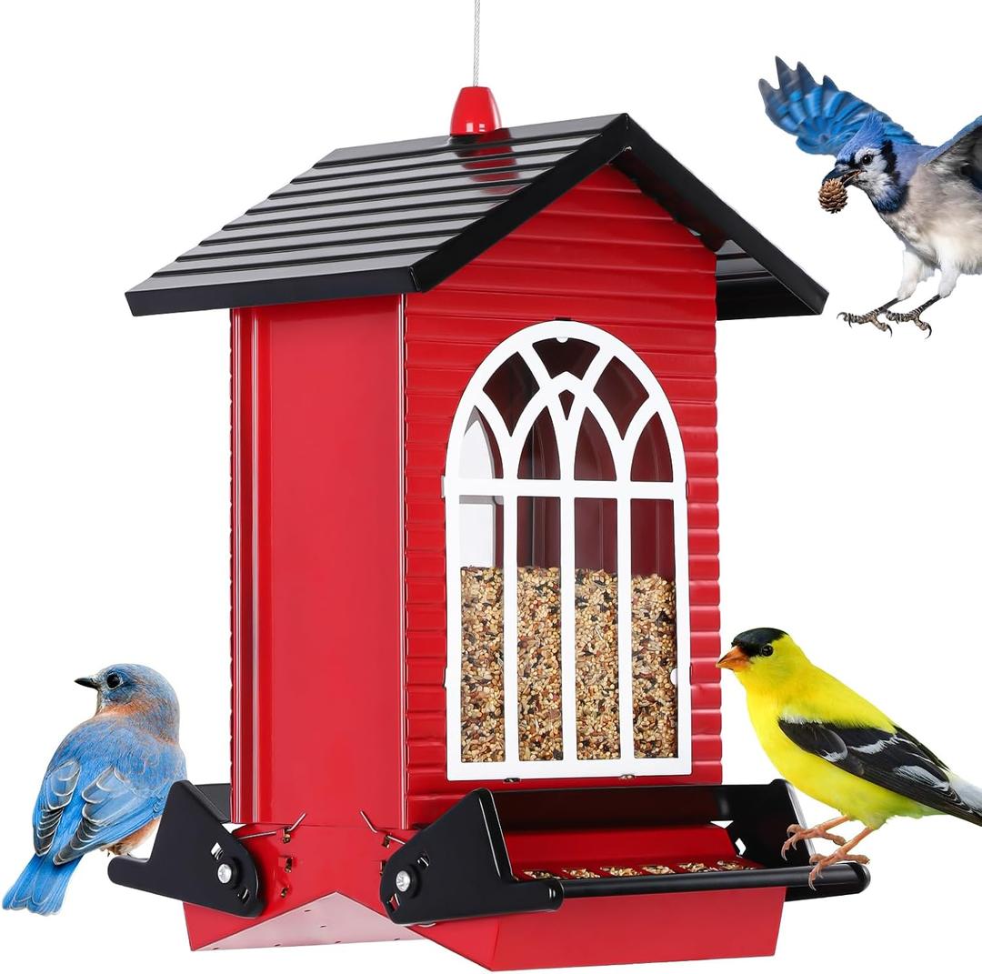 Gbekery Squirrel Proof Bird Feeder for Outdoors,5LB Large Capacity,Metal Wild Bird Seed Feeder with Bilateral Weight-Activated Perches for Outside Hanging,Finch,Cardinal,Blue Jay,Garden Decoration,Red