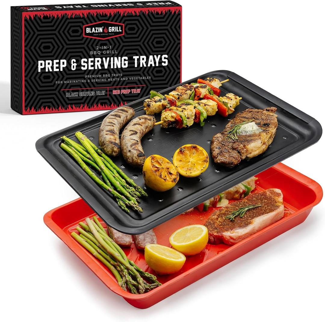 AVIEUS Grill Prep and Serve Trays | Set of 2 Stackable, Melamine Trays | Serving Tray & Marinating Tray | Serving Platter for Plating Food & BBQ Prep Tub for Marinating Meats | Grill Accessories |