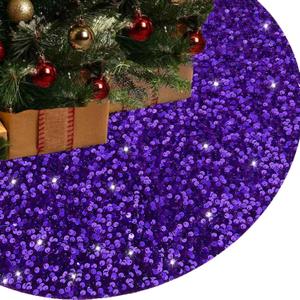 48 Inch Purple Sequin Christmas Tree SkirtLarge Xmas Tree Skirts Round Tree Base Skirt for Christmas Tree Decorations for Happy New Year Christmas Party Holiday Birthday