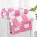 Carriediosa Checkered Throw Blanket 50" X 60", 400GSM Ultra Soft Microfiber Fuzzy Fluffy Reversible Cute Preppy Knitted Blankets Cozy Plush Fall Throws for Couch, Bed, Sofa, Hot Pink